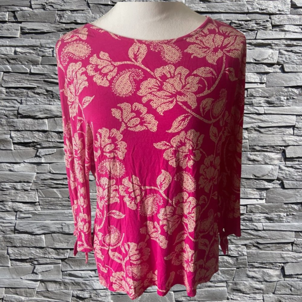 Chico's Women's Blouse Top Bright Pink Floral Paisley Tie 3/4 Sleeves Size S